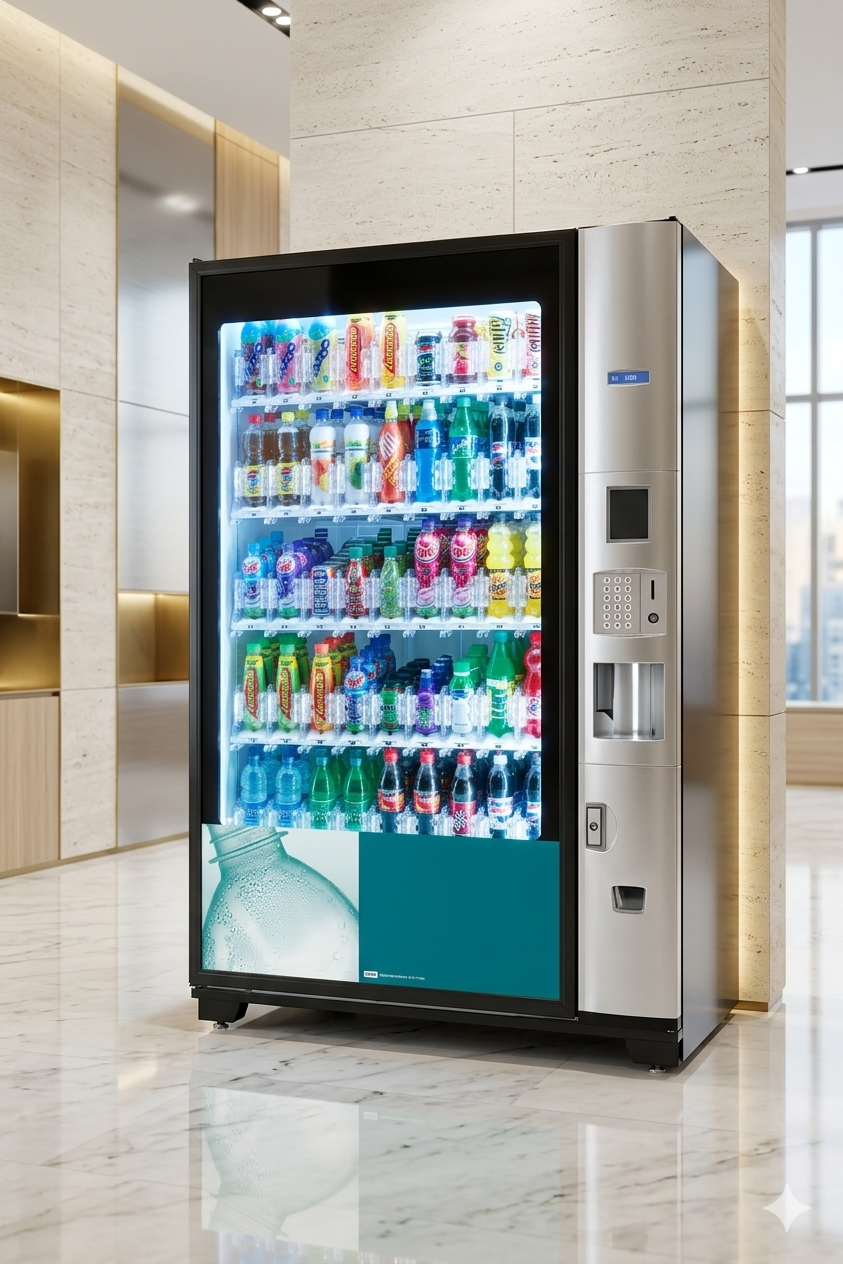 Premium beverage vending machine in a bright corporate lobby