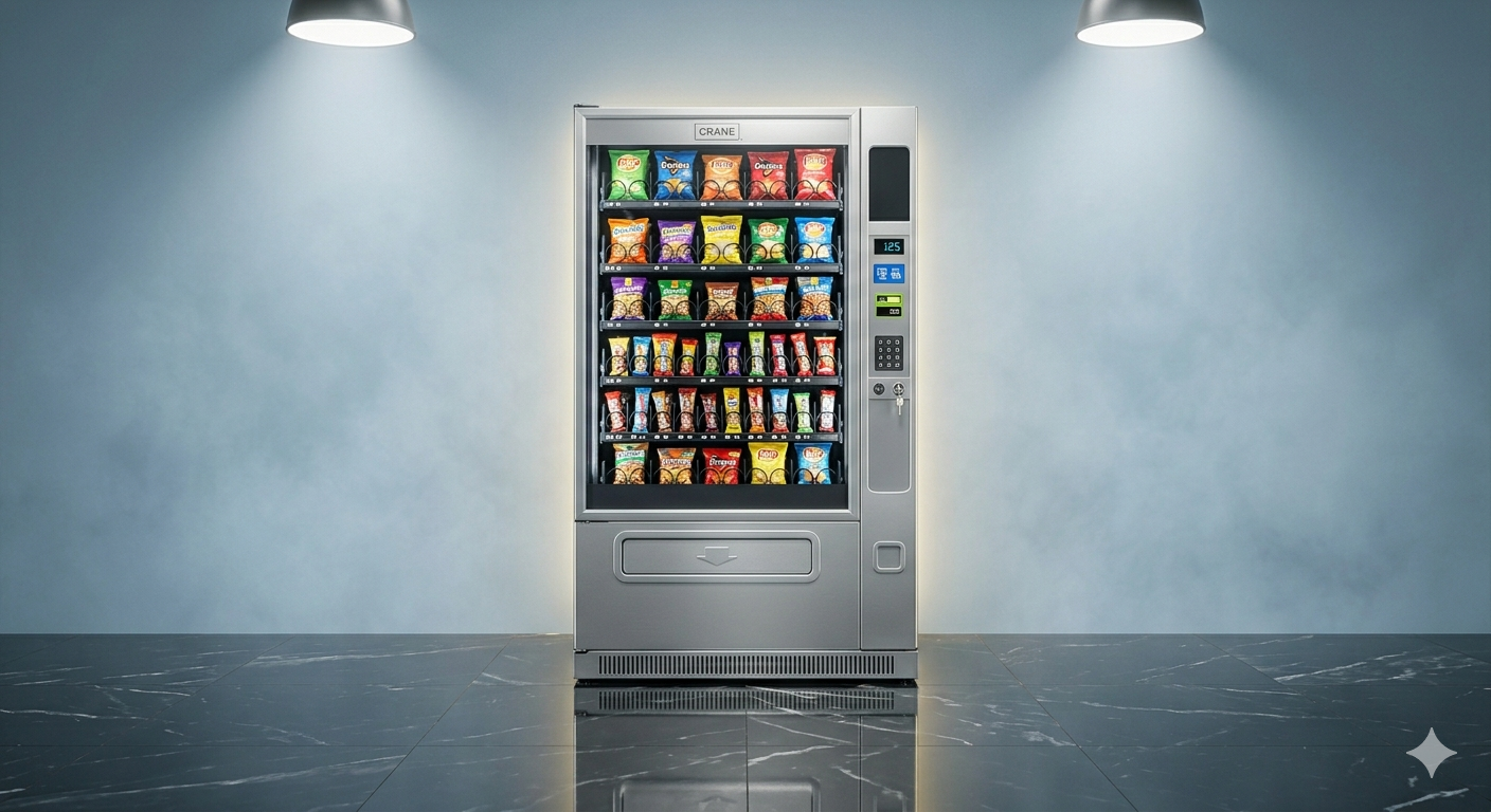 Snack vending machine under overhead lights